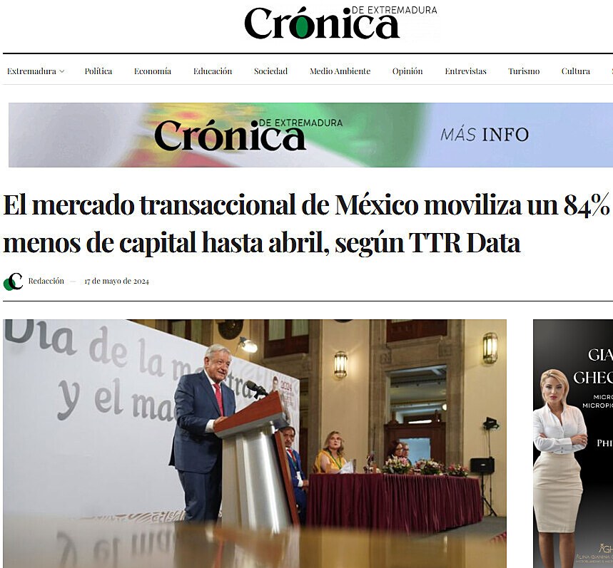 El mercado transaccional de Mxico moviliza un 84% menos de capital hasta abril, segn TTR Data